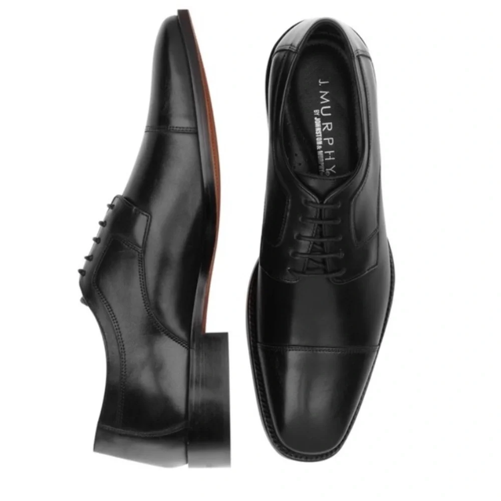 JOHNSTON & MURPHY MELTON CAP TOE OXFORD‎ MEN’S BLACK SHOES.SIZE 9W A23